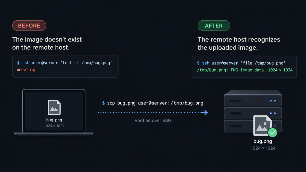 Diagram: a local-only image becomes readable on the remote host after scp.